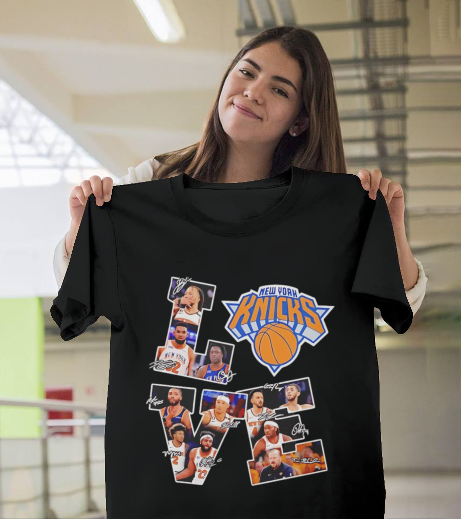 New York Knicks Players Autograph Collage Spelling LOVE With Iconic Team T-Shirt