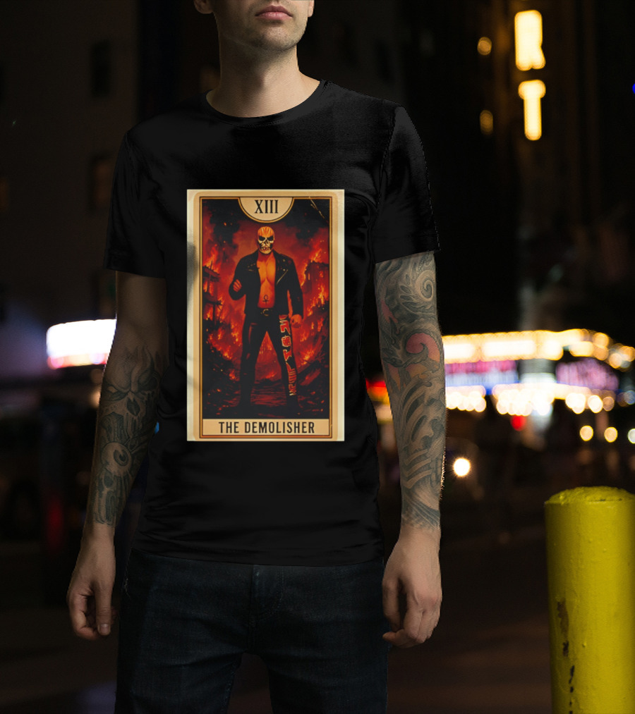 XIII The Demolisher Tarot Card Skull Masked Figure In Flames T-Shirt