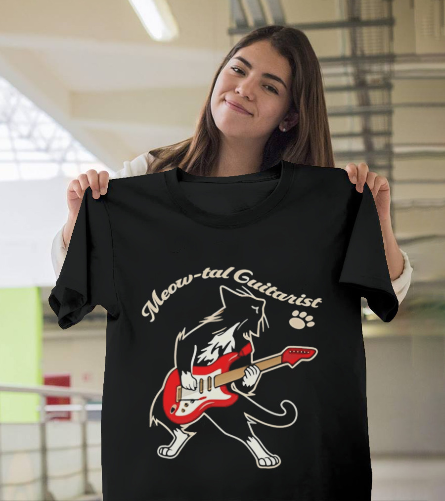 Meow Tal Guitarist Cat Playing Red Electric Guitar T-Shirt