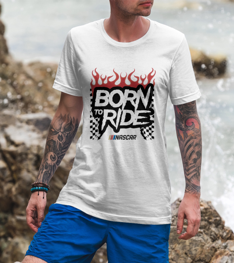 Born To Ride NASCAR Flames Checkered Flag Racing T-Shirt
