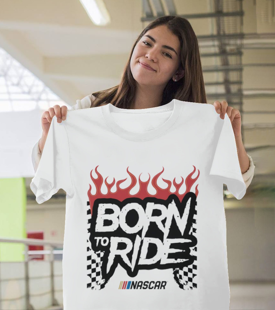 Born To Ride NASCAR Flames Checkered Flag Racing T-Shirt