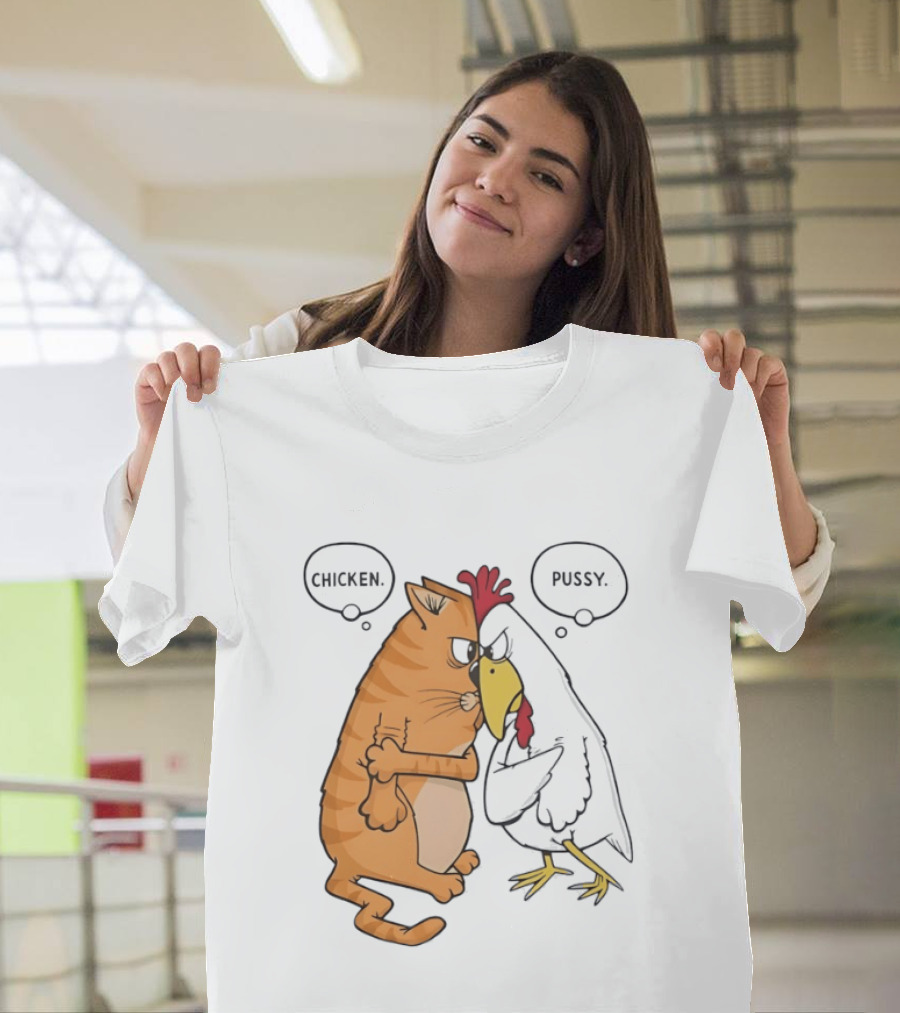 Chicken Pussy Standoff Cartoon Humor Confrontation T-Shirt