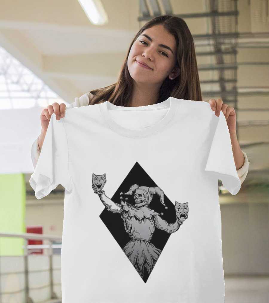 Skeleton Jester Holding Comedy And Tragedy Masks Medieval Gothic Costume T-Shirt
