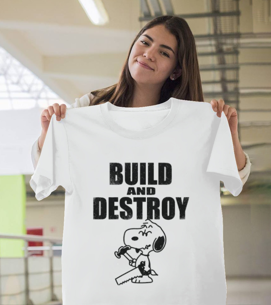 Snoopy Peanuts Build And Destroy Text Hammer Cartoon T-Shirt