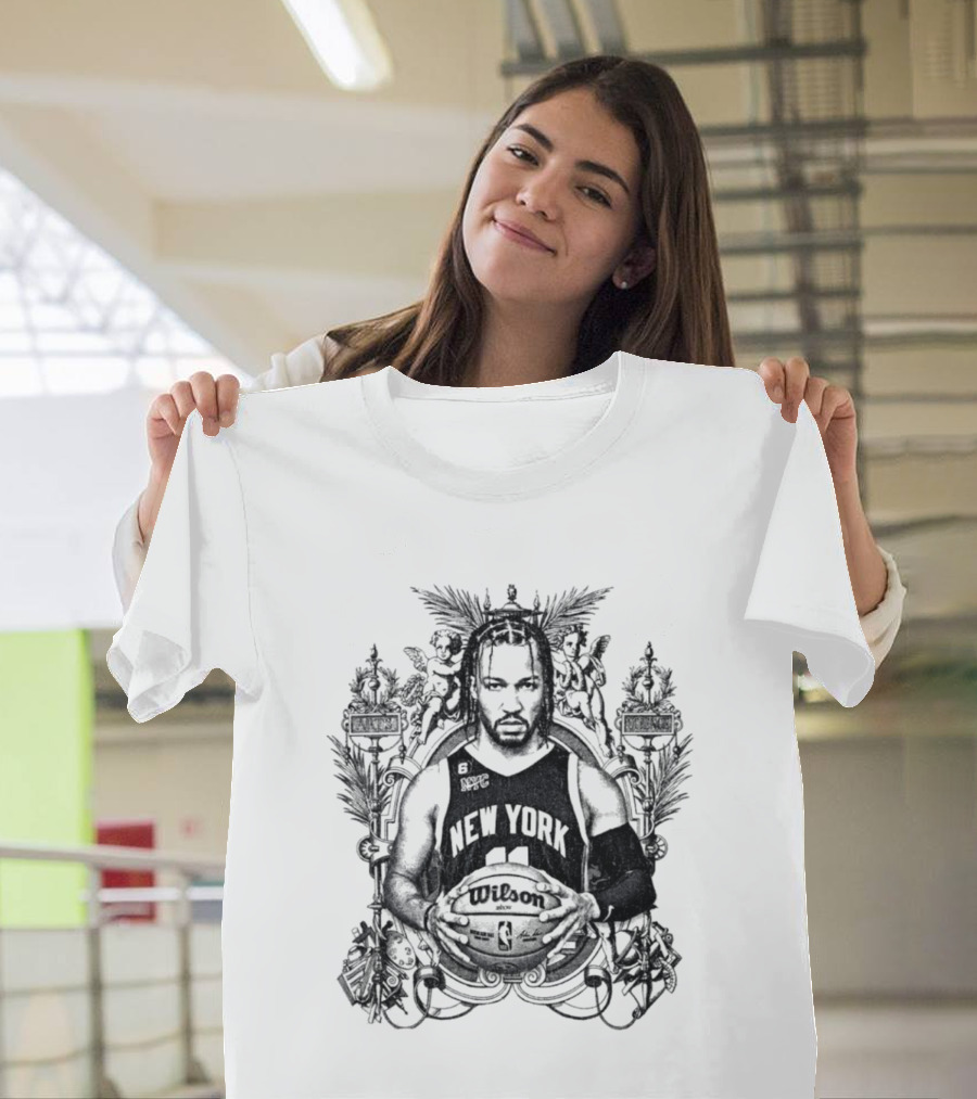 New York Knicks Jalen Brunson Charcoal Sketch Basketball Art Deco T-Shirt