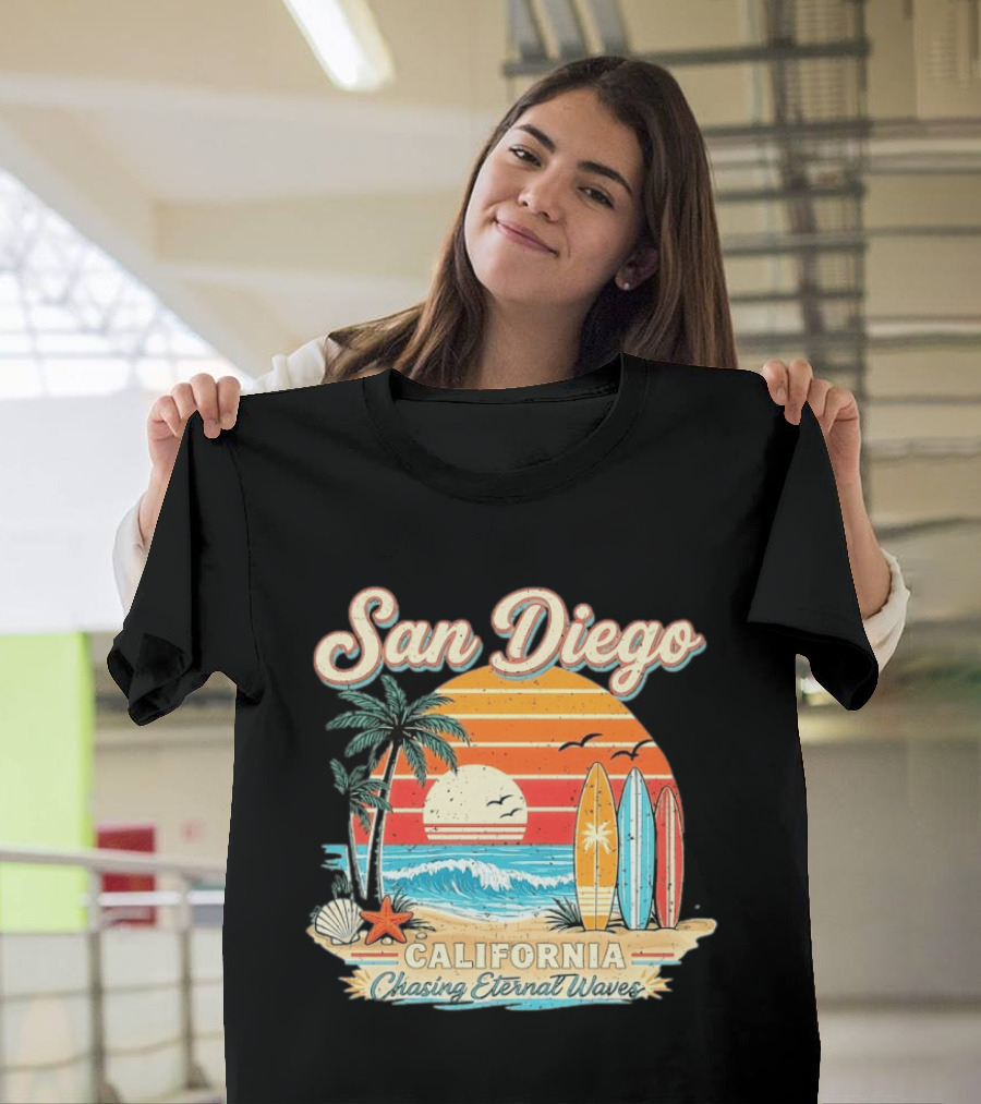 San Diego California Surfing Sunrise Chasing Eternal Waves Beach Vacation T-Shirt