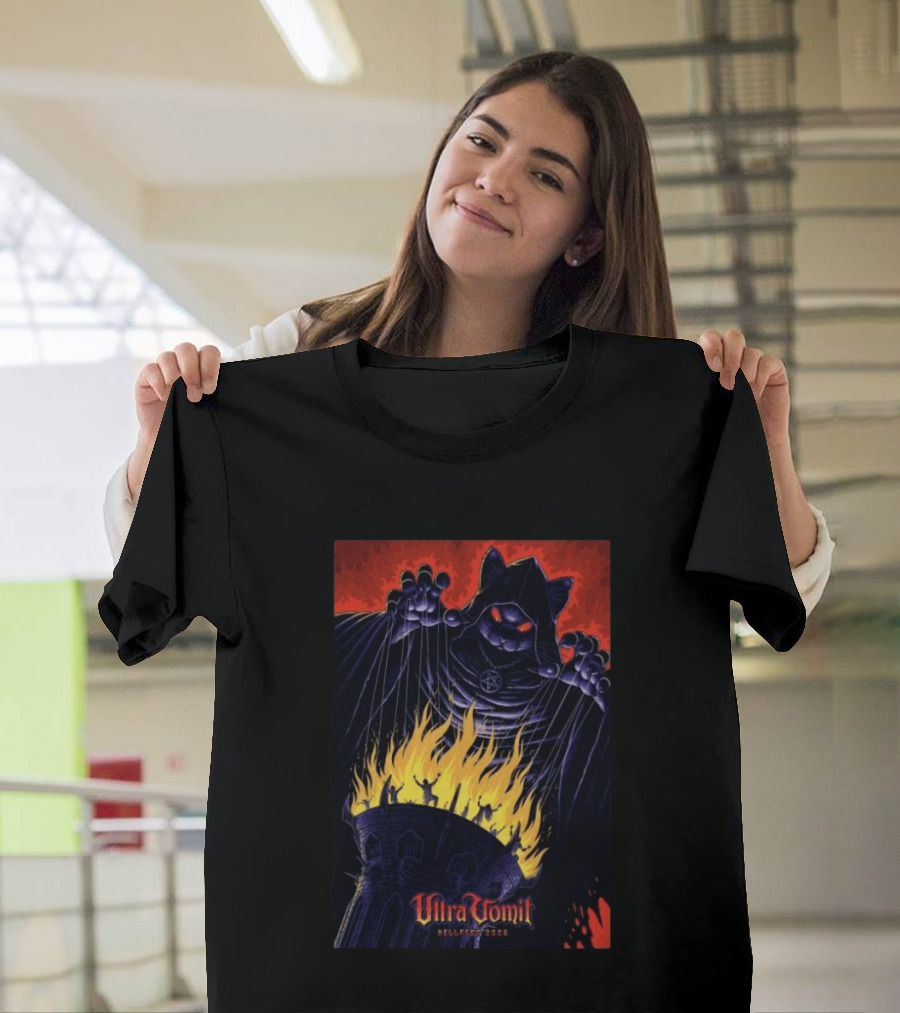 Ultra Vomit Hellfest 2026 Clisson France Jun 19 Puppet Master Cat With Fire Tower T-Shirt
