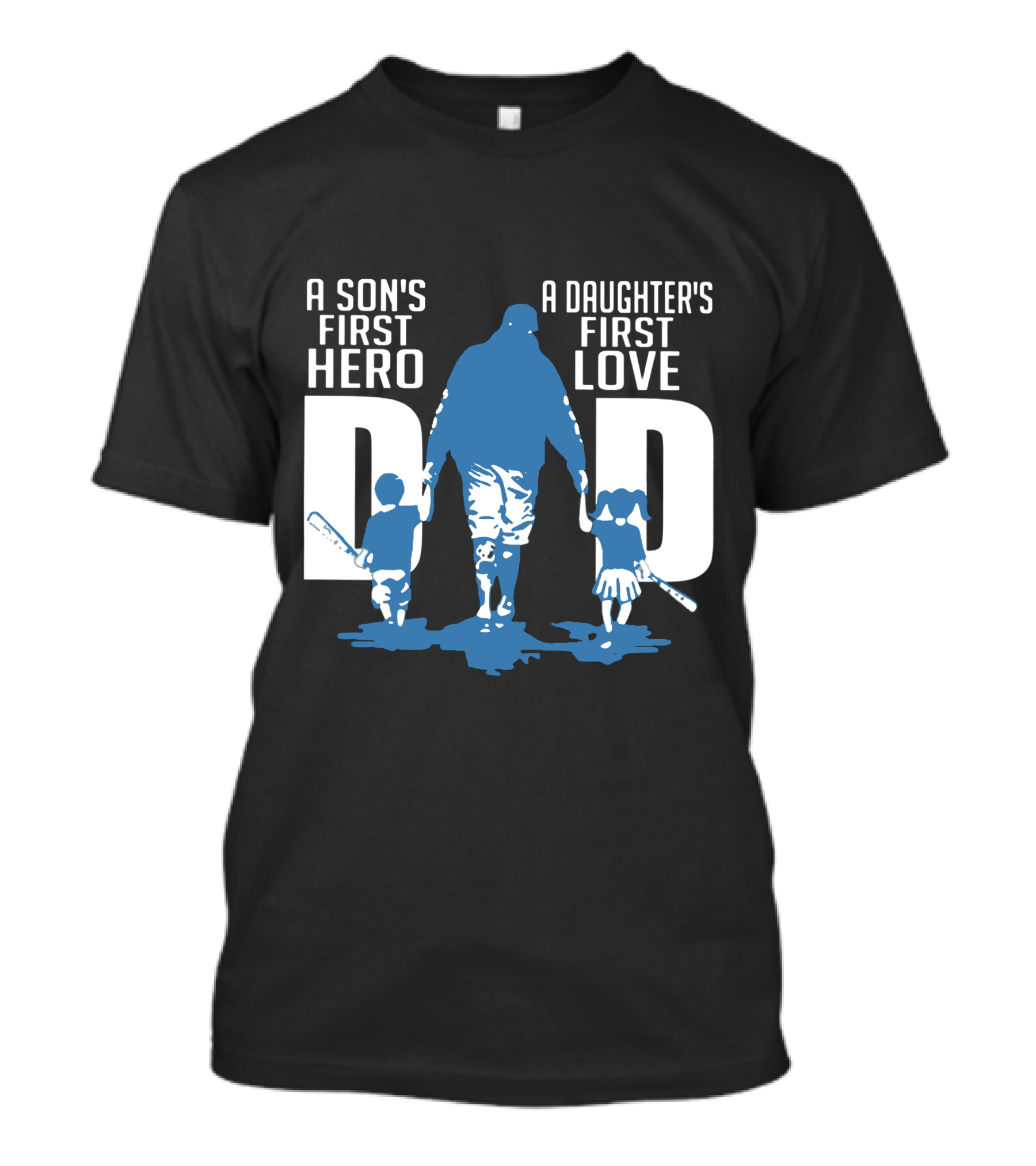 Dad A Son's First Hero A Daughter's First Love Blue Silhouette With Kids And Baseball Bats T-Shirt