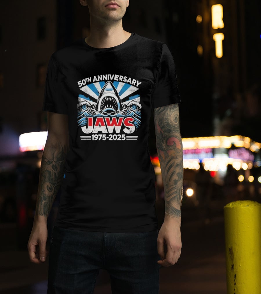 50th Anniversary Jaws 1975-2025 Shark Classic Retro Film Tribute T-Shirt