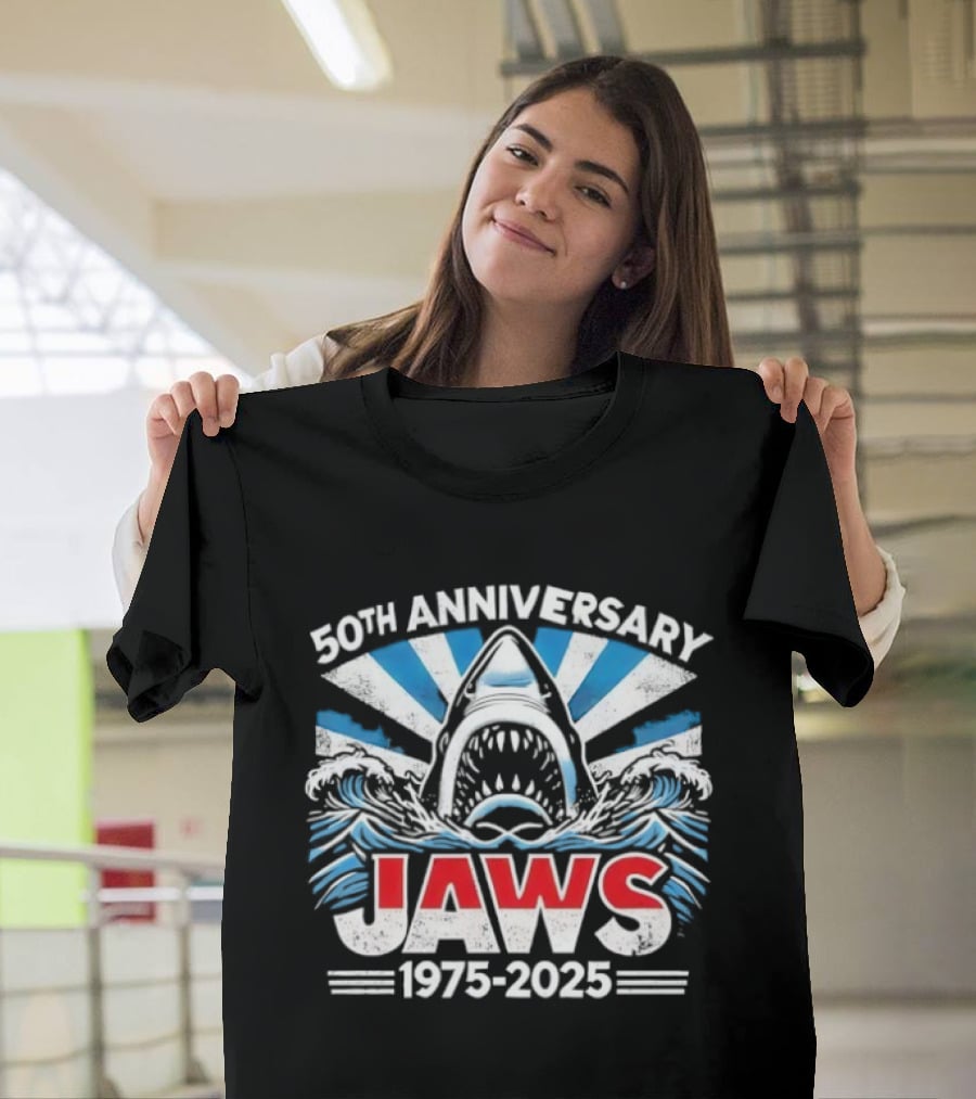 50th Anniversary Jaws 1975-2025 Shark Classic Retro Film Tribute T-Shirt