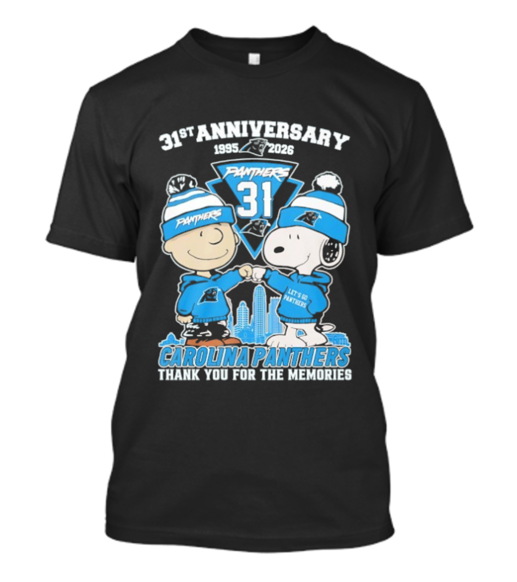 31st Anniversary Carolina Panthers Snoopy Charlie Brown 1995 2026 Let's Go Panthers Thank You For The Memories T-Shirt