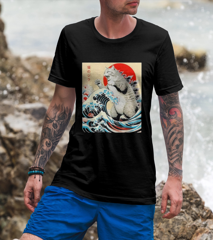 Catzilla Ukiyo-e Japanese 猫のジラ Kanagawa Waves Red Sun T-Shirt