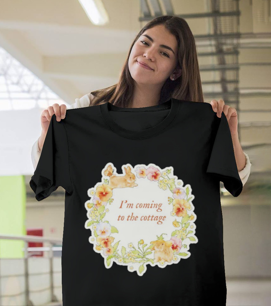 I'm Coming To The Cottage Floral Bunny Wreath T-Shirt