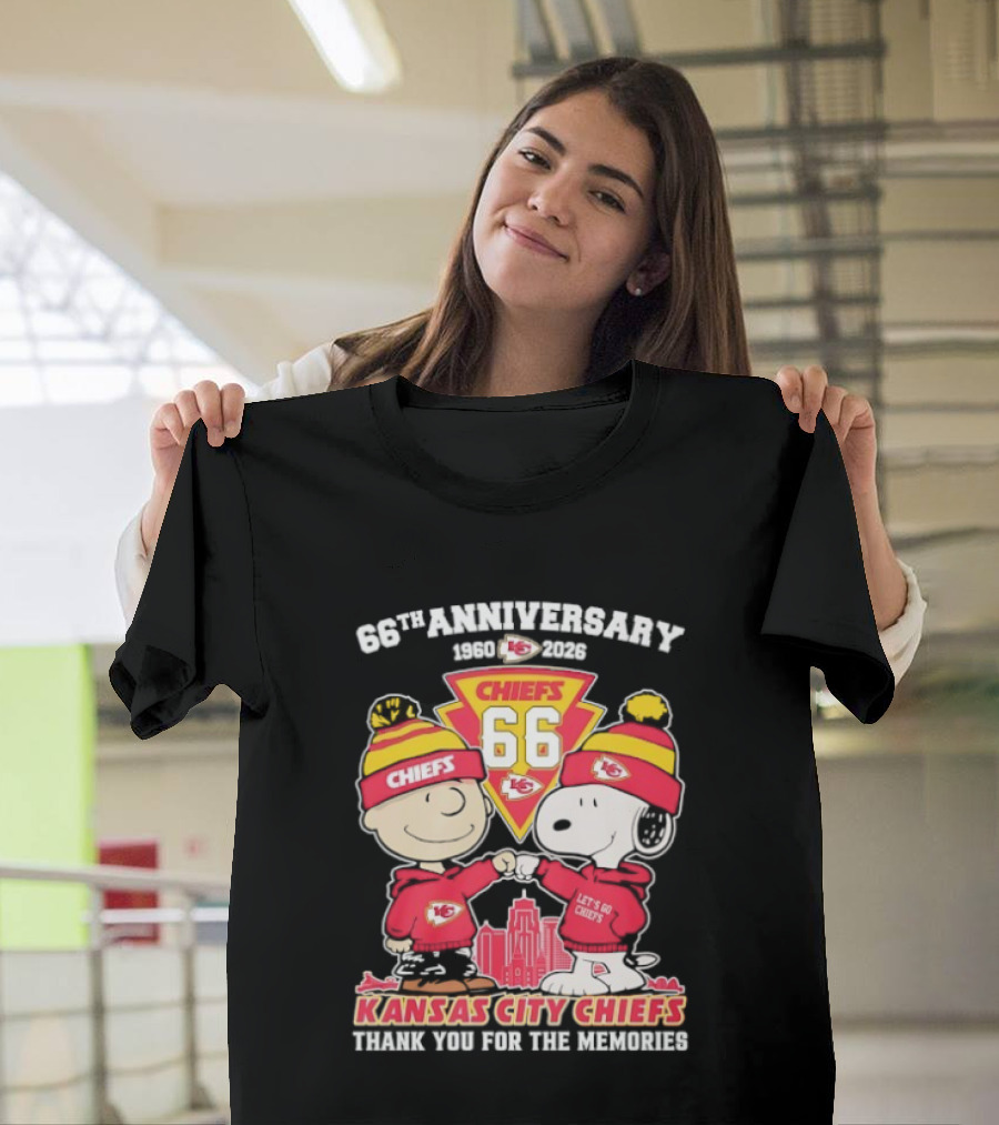 Kansas City Chiefs 66th Anniversary With Snoopy And Charlie Brown 1960-2026 T-Shirt