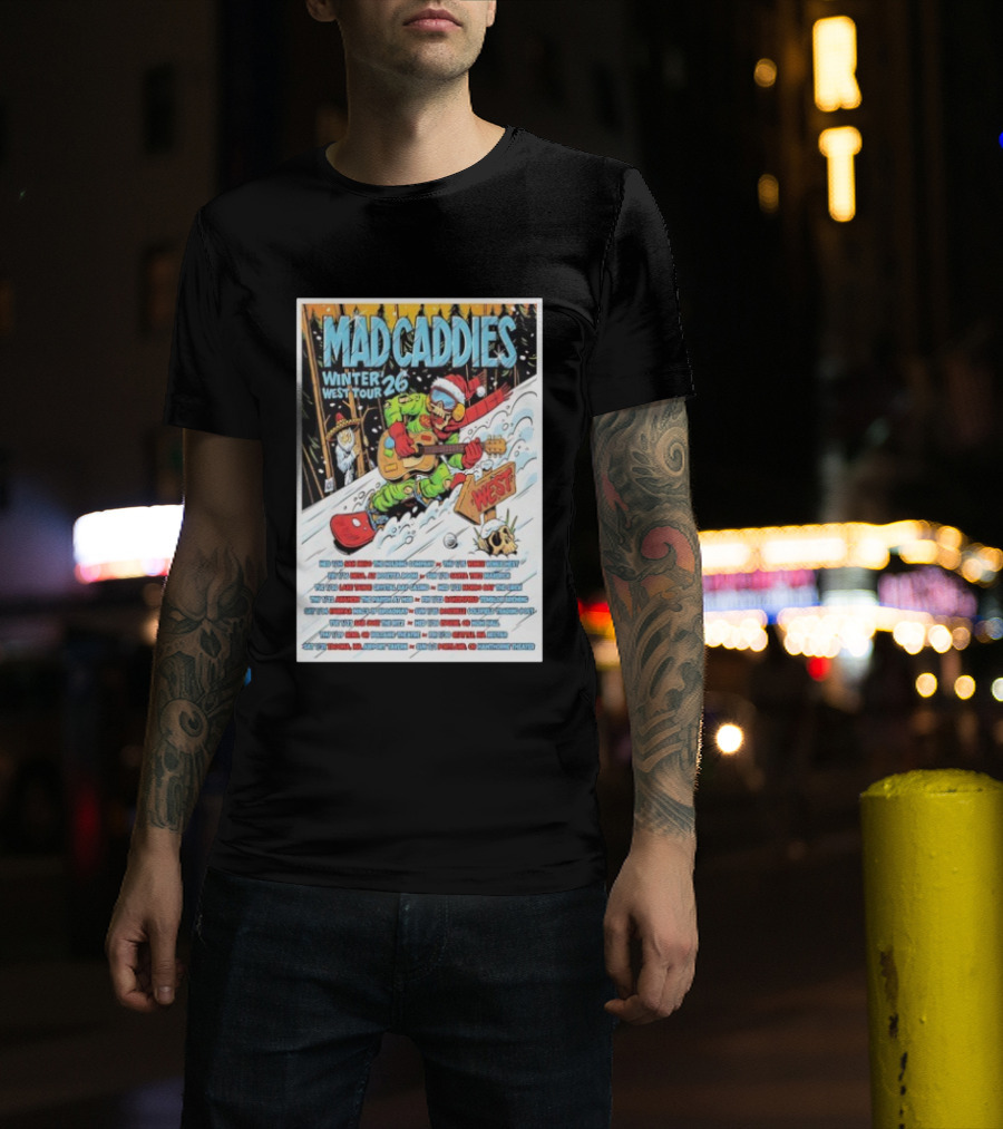 Mad Caddies Winter West Tour 26 Snowboarding Santa Skeleton Guitarist T-Shirt