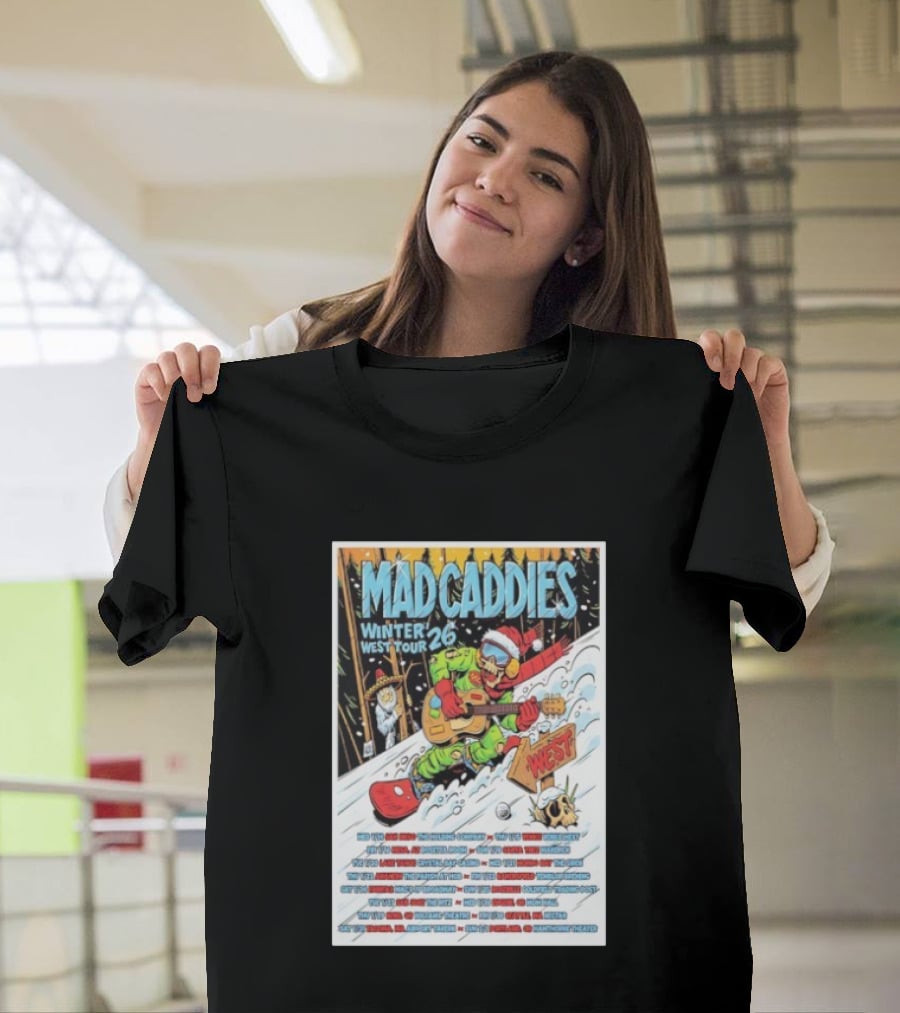 Mad Caddies Winter West Tour 26 Snowboarding Santa Skeleton Guitarist T-Shirt