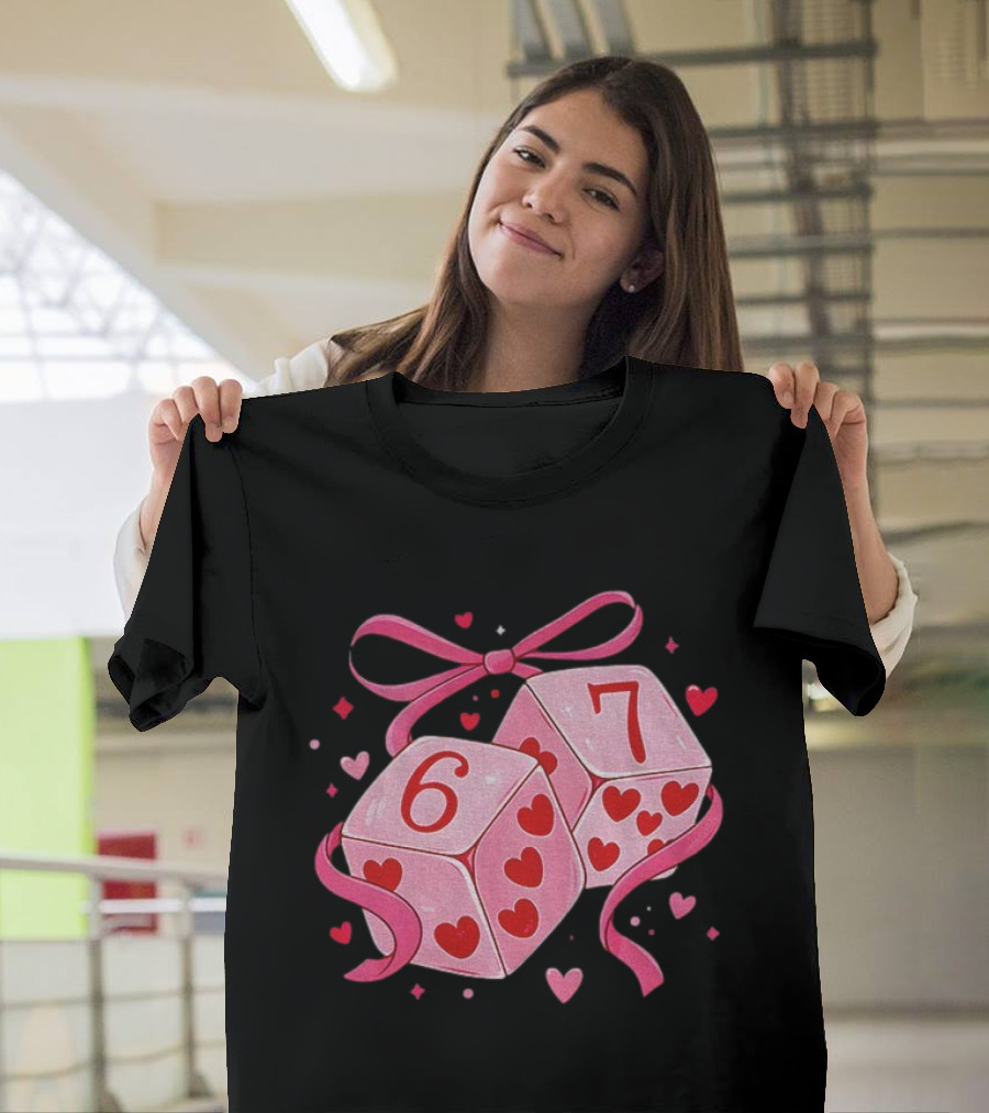 Preppy Valentine Pink Heart Dice 67 Bow Ribbon T-Shirt