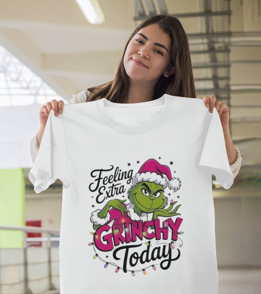 Feeling Extra Grinchy Today Green Character In Santa Hat With Lights T-Shirt