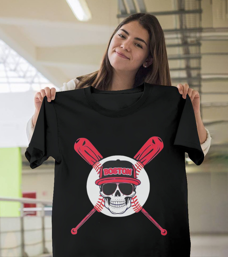 Boston Baseball Skull With Crossed Bats T-Shirt