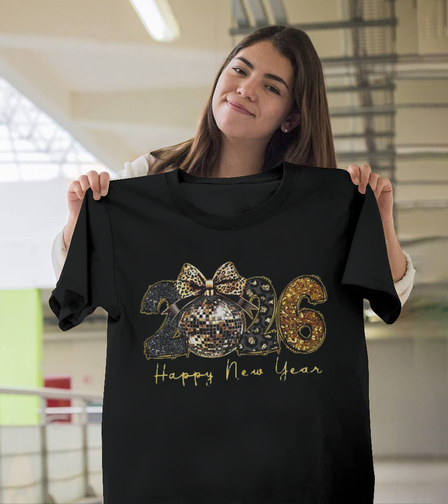 2026 Black Gold Disco Ball Leopard Print Happy New Year T-Shirt