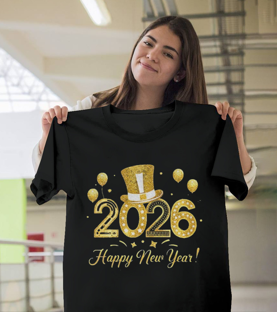 2026 Gold Glitter Balloons And Top Hat Happy New Year Celebration T-Shirt