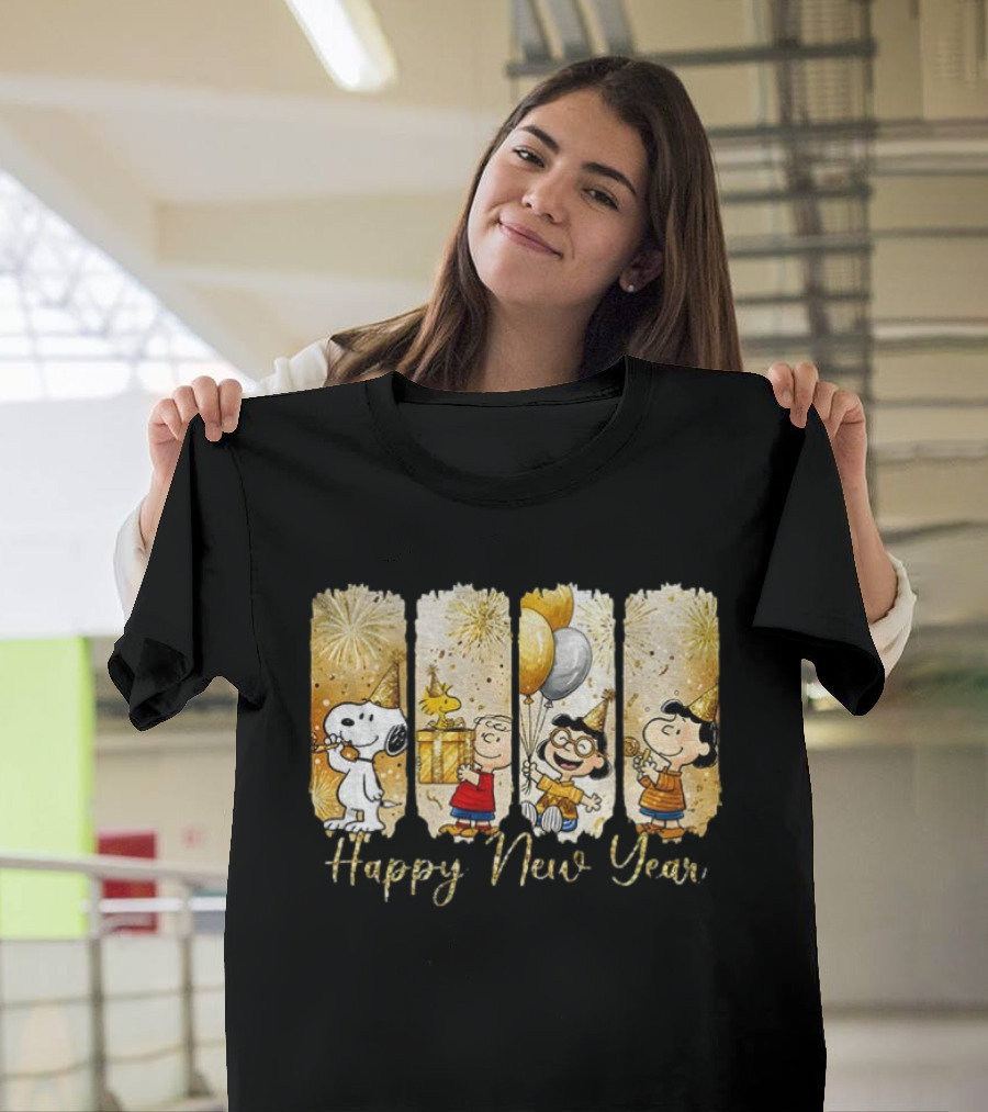 Snoopy And Friends Happy New Year Balloons Fireworks Party T-Shirt