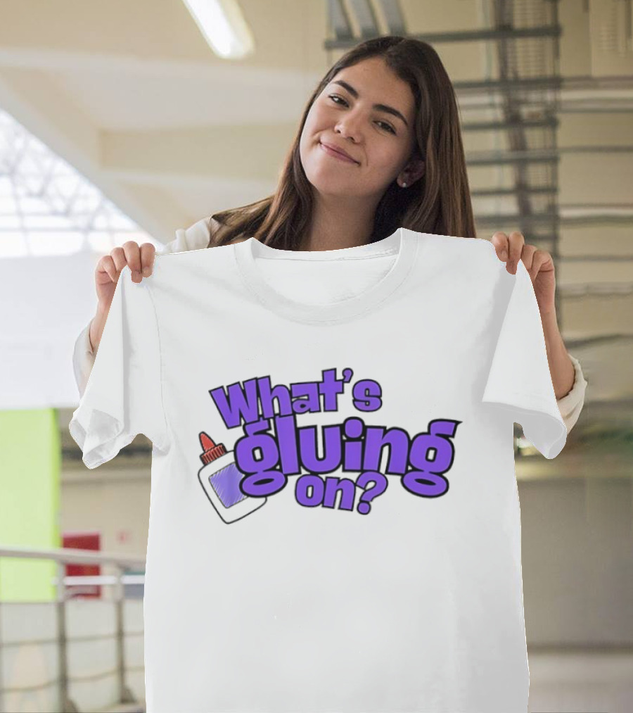 What's Gluing On Purple Text With Red Cap And Paper T-Shirt