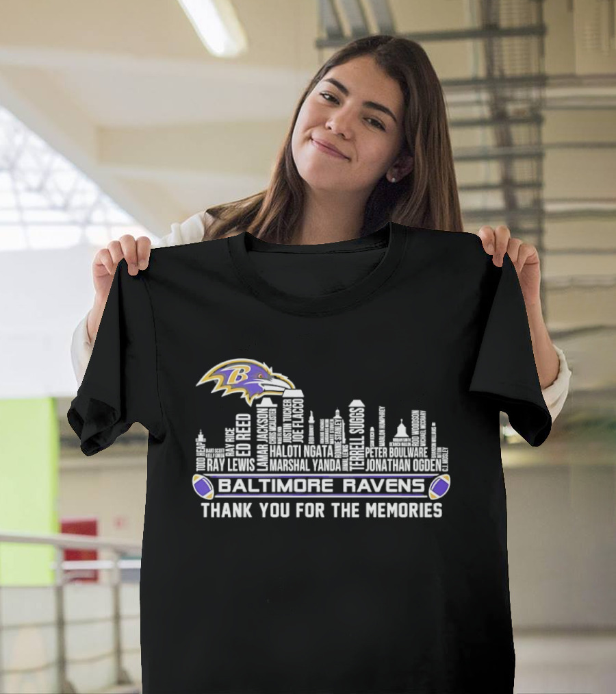 Baltimore Ravens Ray Lewis Marshall Yanda Jonathan Ogden City Skyline Thank You For The Memories T-Shirt