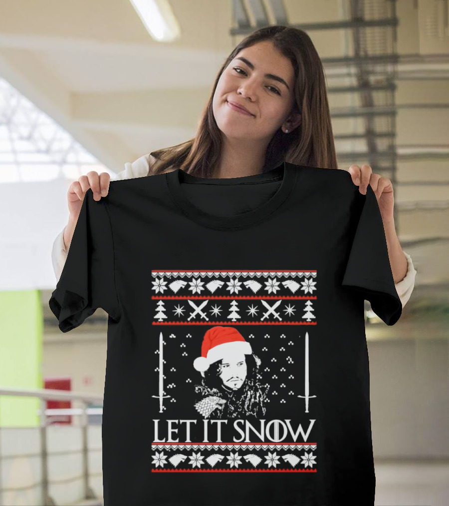 Let It Snow Christmas Ugly Sweater Santa Hat Swords Snowflakes Trees T-Shirt