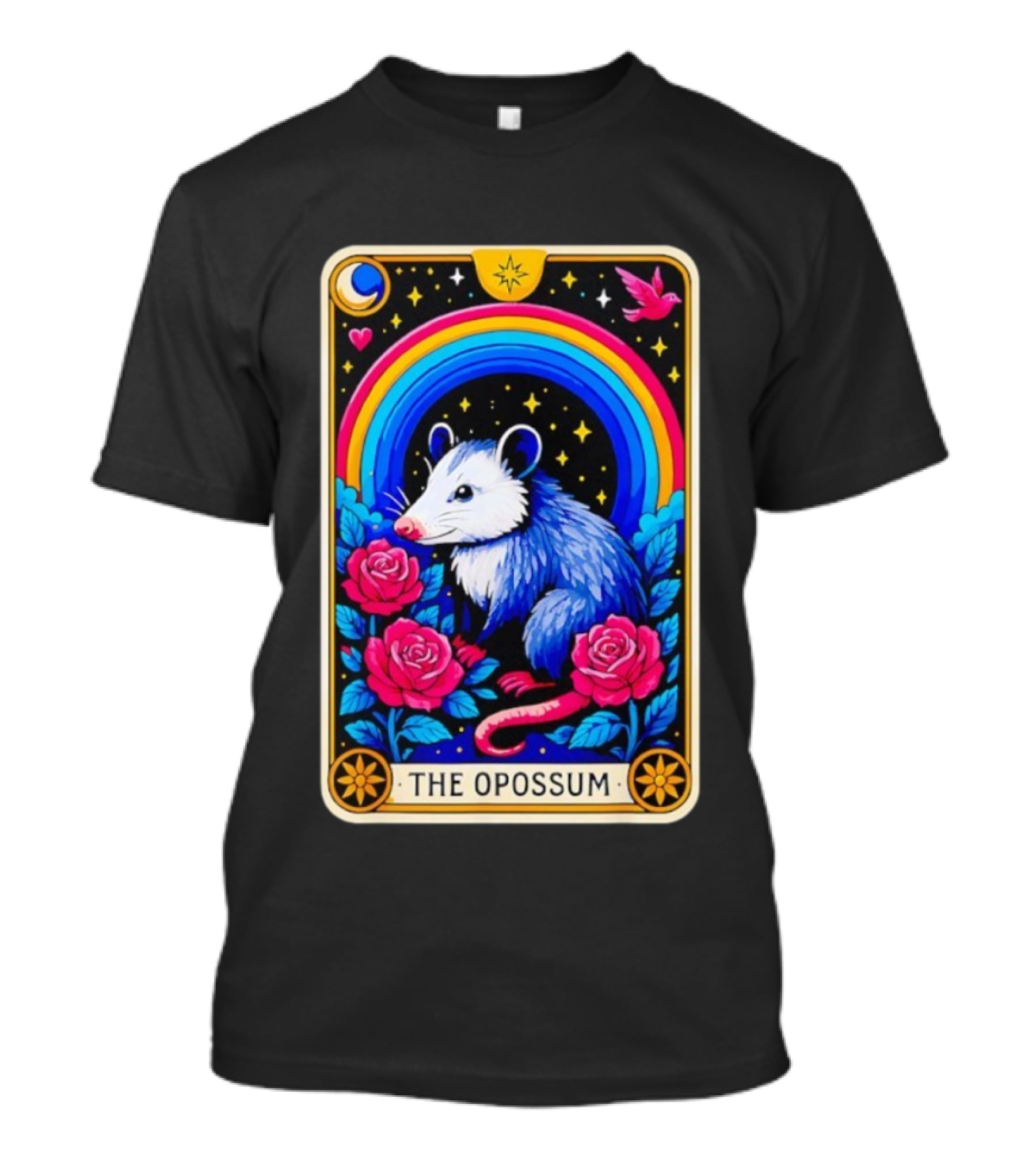 The Opossum Tarot Card Rainbow Moon Roses Stars T-Shirt