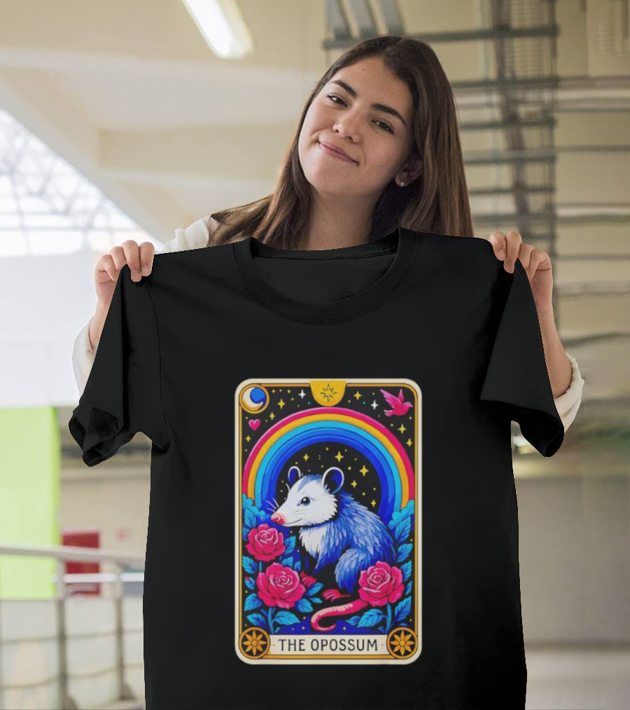 The Opossum Tarot Card Rainbow Moon Roses Stars T-Shirt