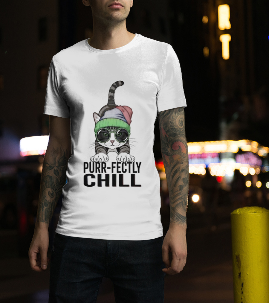Purr Fectly Chill Cat With Beanie And Sunglasses T-Shirt