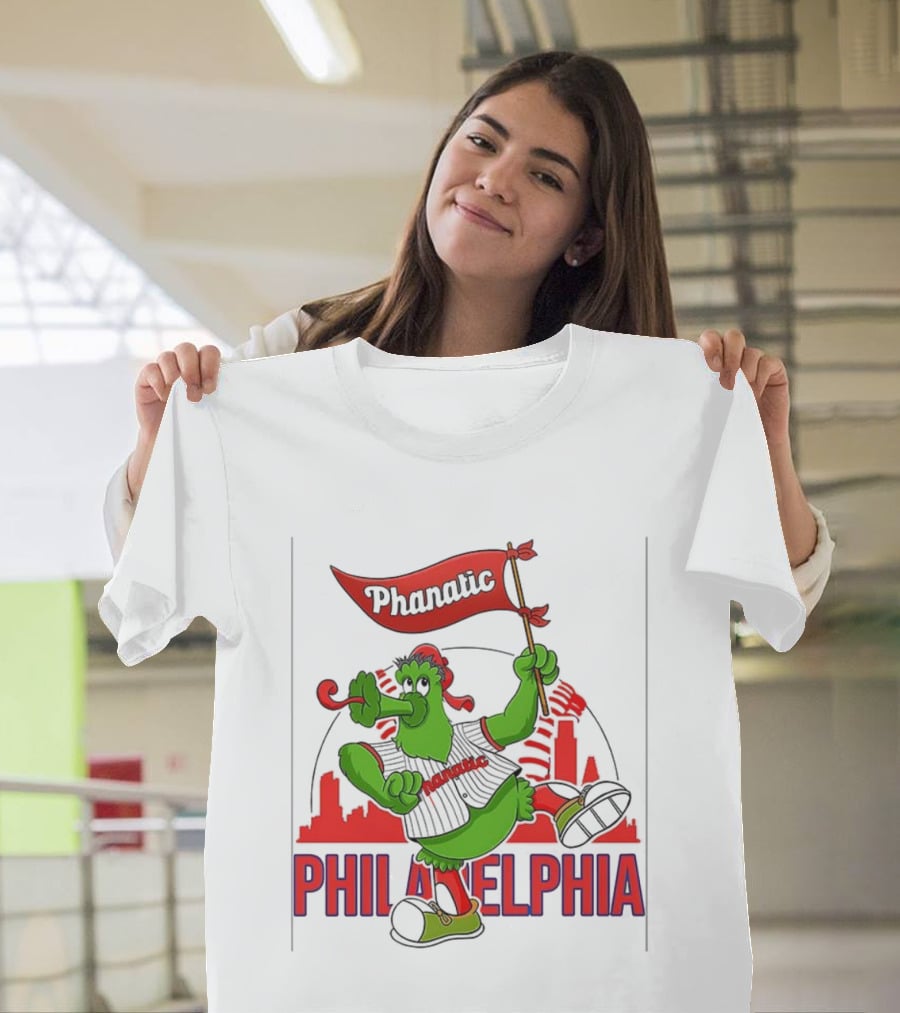 Phillie Phanatic Philadelphia Phillies Mascot Dancing With Skyline And Flag T-Shirt