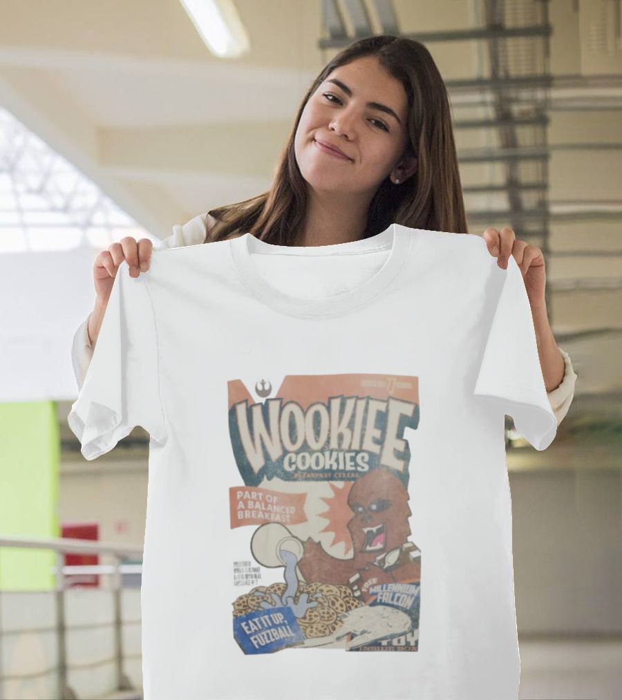 Wookiee Cookies Breakfast Cereal Eat It Up Fuzzball Free Millennium Falcon T-Shirt
