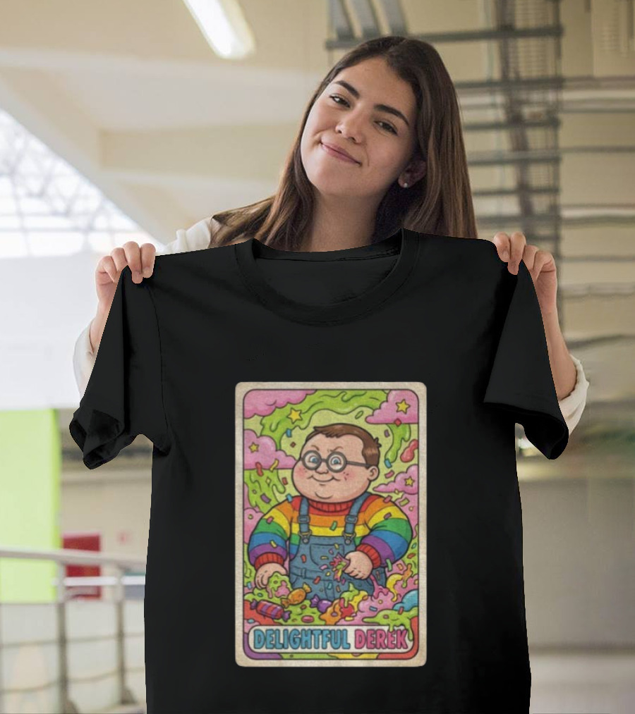 Delightful Derek Rainbow Cartoon Character In Vibrant 80s T-Shirt