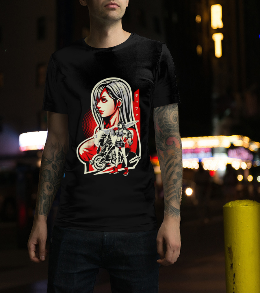 Tifa Lockhart Iconic Final Fantasy Character With Motorcycle And Katana T-Shirt