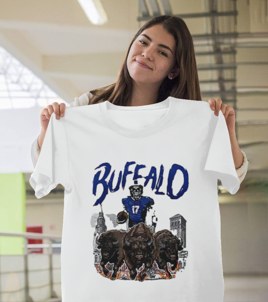 Buffalo Football Skeleton 17 With Charging Bison And City Skyline T-Shirt