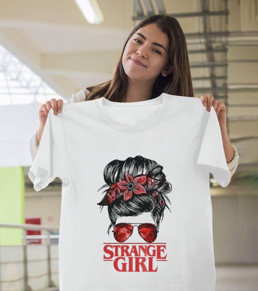 Strange Girl Red Floral Hair Scarf Messy Bun T-Shirt