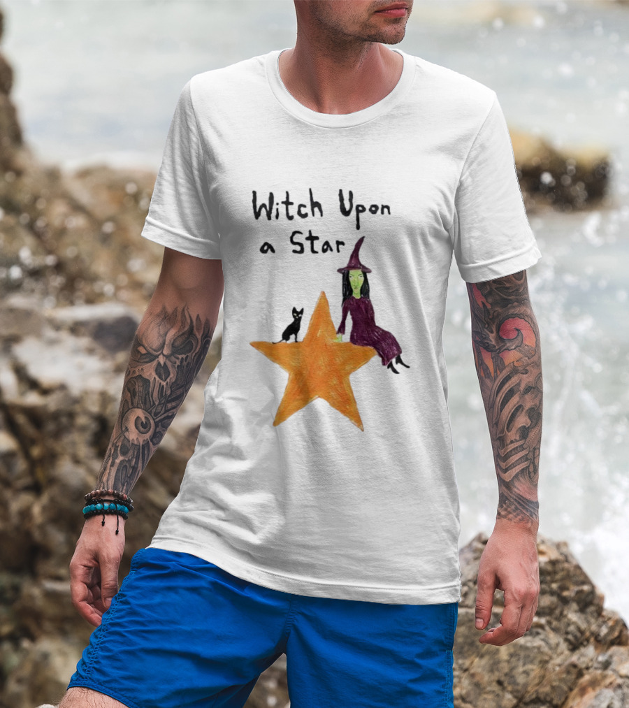 Witch Upon A Star Green Witch Purple Hat Orange Star Black Cat T-Shirt