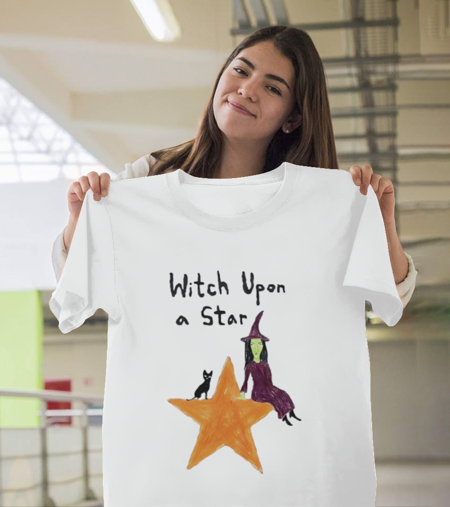Witch Upon A Star Green Witch Purple Hat Orange Star Black Cat T-Shirt