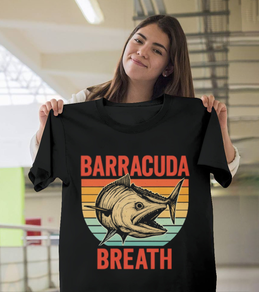 Barracuda Breath Funny Fishing Retro Vintage Stripes T-Shirt