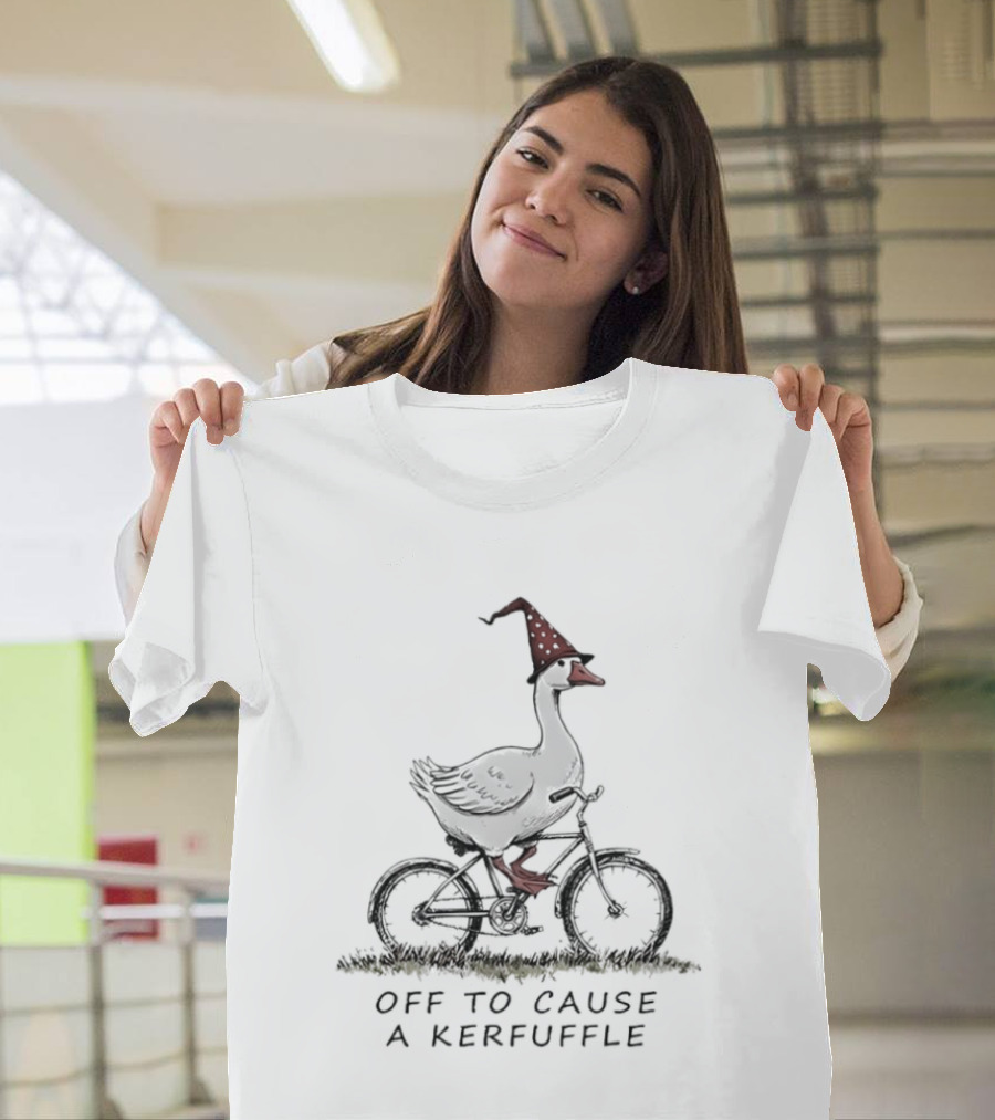 Goose Riding A Bicycle Witch Hat Causing A Kerfuffle Halloween Adventure T-Shirt