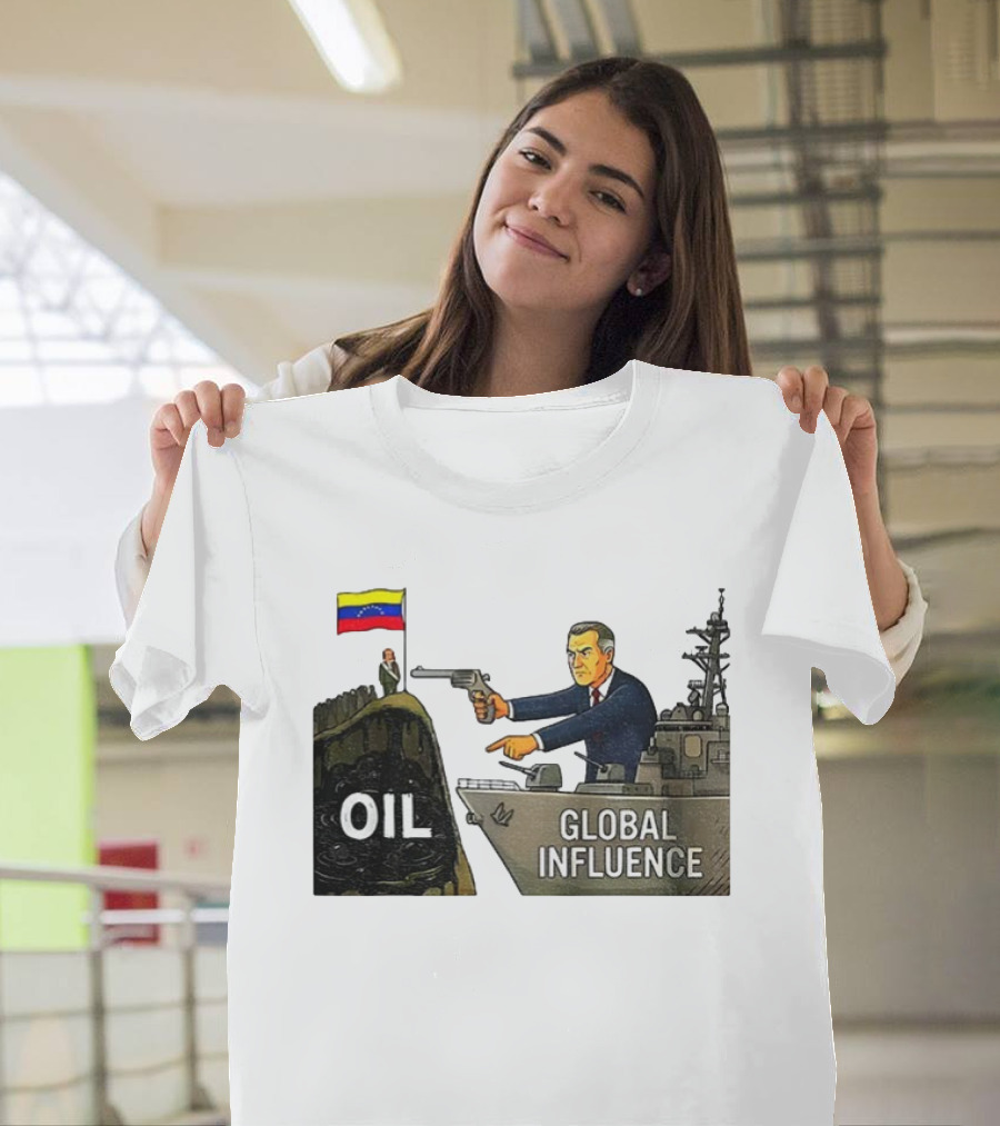 USA Venezuela Oil Conflict Political Satire Global Influence Cartoon Flags Gun Ship T-Shirt