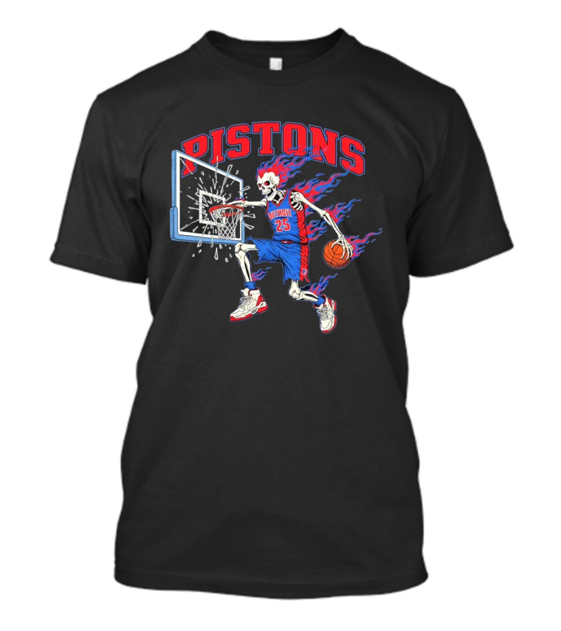 Detroit Pistons Skeleton Basketball Player With Flame Hair Dunking T-Shirt