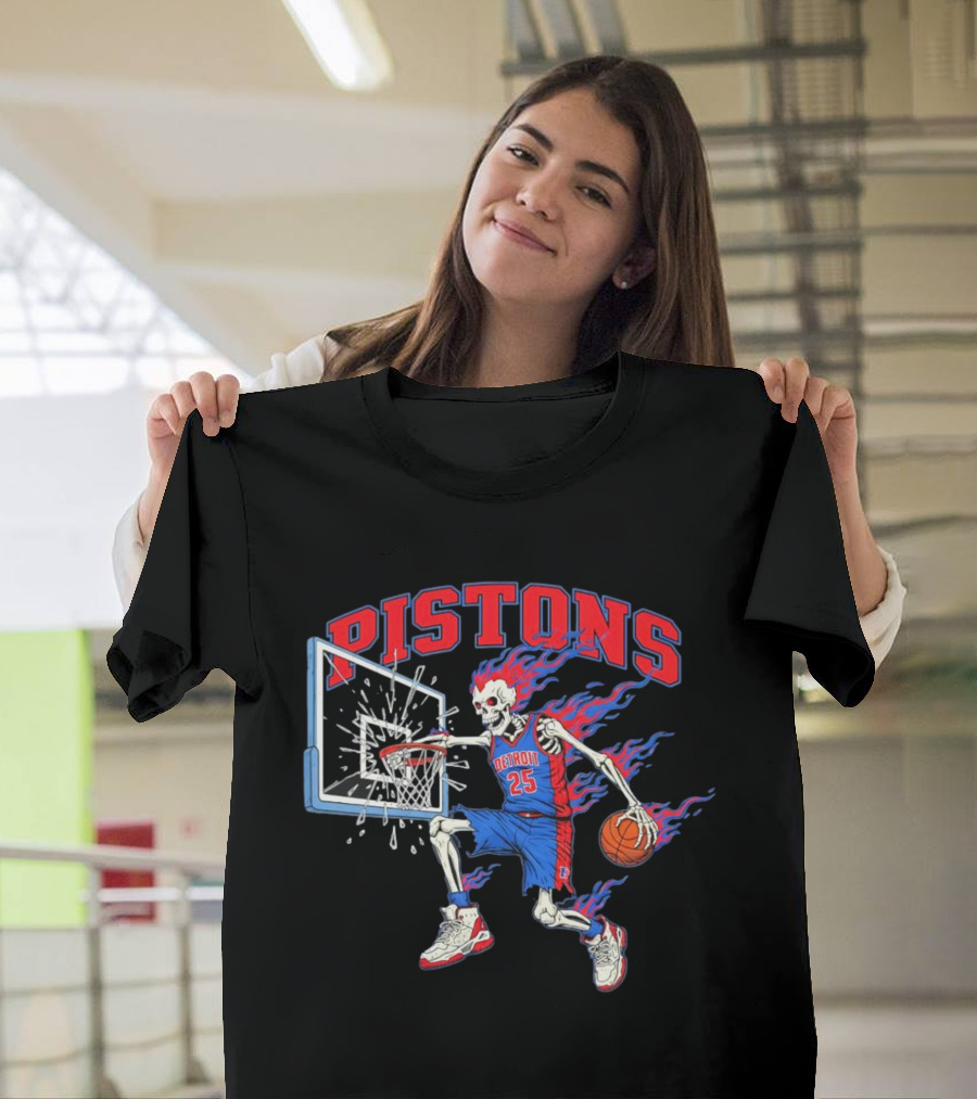 Detroit Pistons Skeleton Basketball Player With Flame Hair Dunking T-Shirt