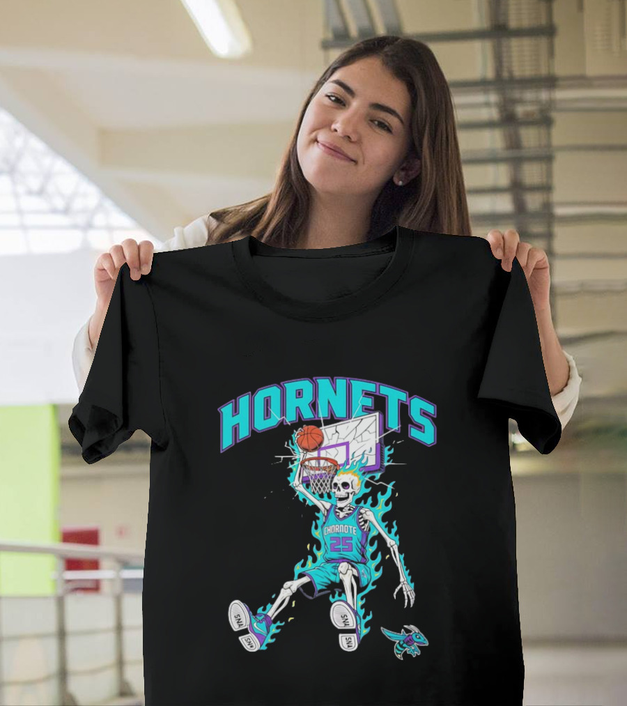 Charlotte Hornets Skeleton Dunking Basketball Retro Style Flame T-Shirt