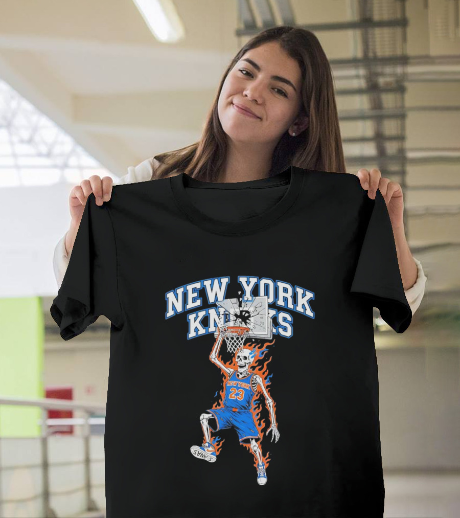 New York Knicks Basketball Skeleton Player Dunking Fire 23 T-Shirt