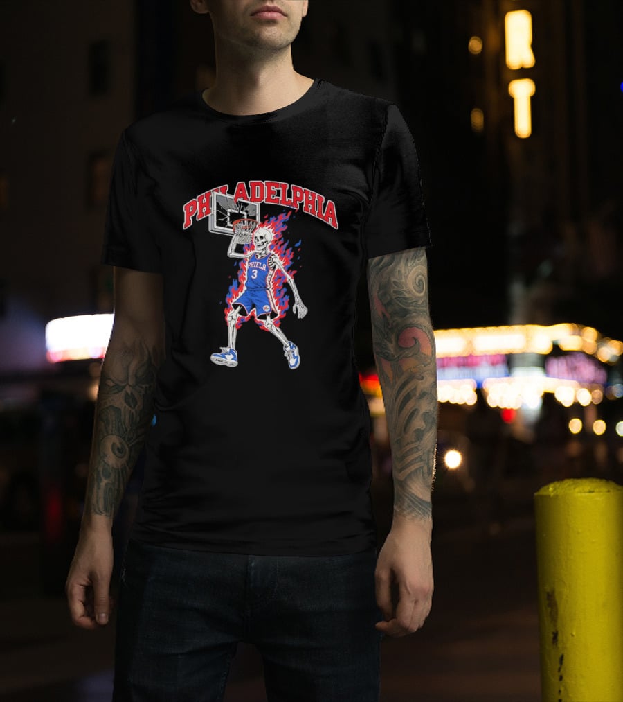 Philadelphia 76ers Skeleton Dunking Basketball Player In Flames T-Shirt