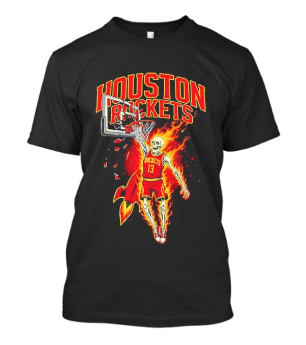 Houston Rockets Basketball Flaming Skeleton Player Dunking T-Shirt