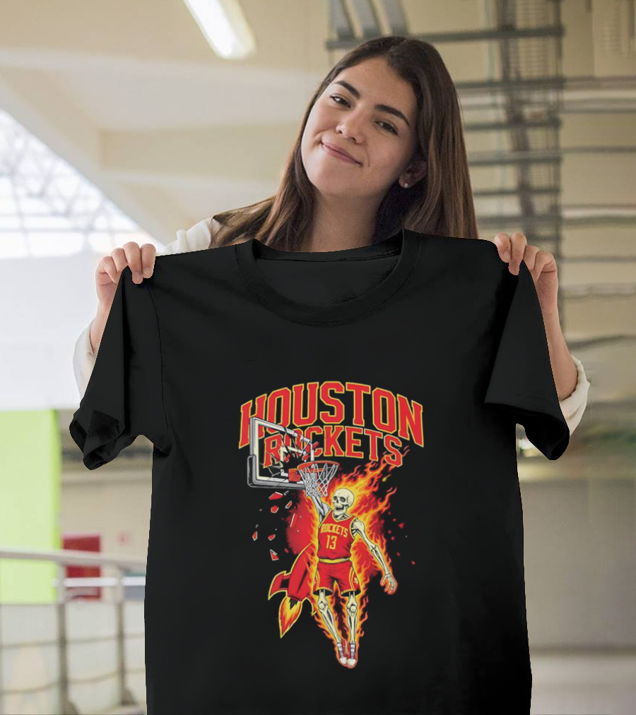 Houston Rockets Basketball Flaming Skeleton Player Dunking T-Shirt